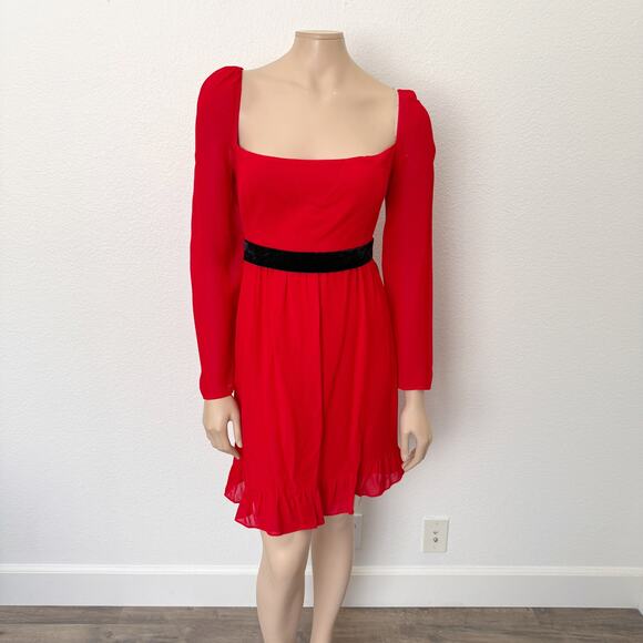 [Reformation] Red Square Neck Long Sleeve Silves Mini Dress NWT Velvet Belt 12 - Picture 1 of 11